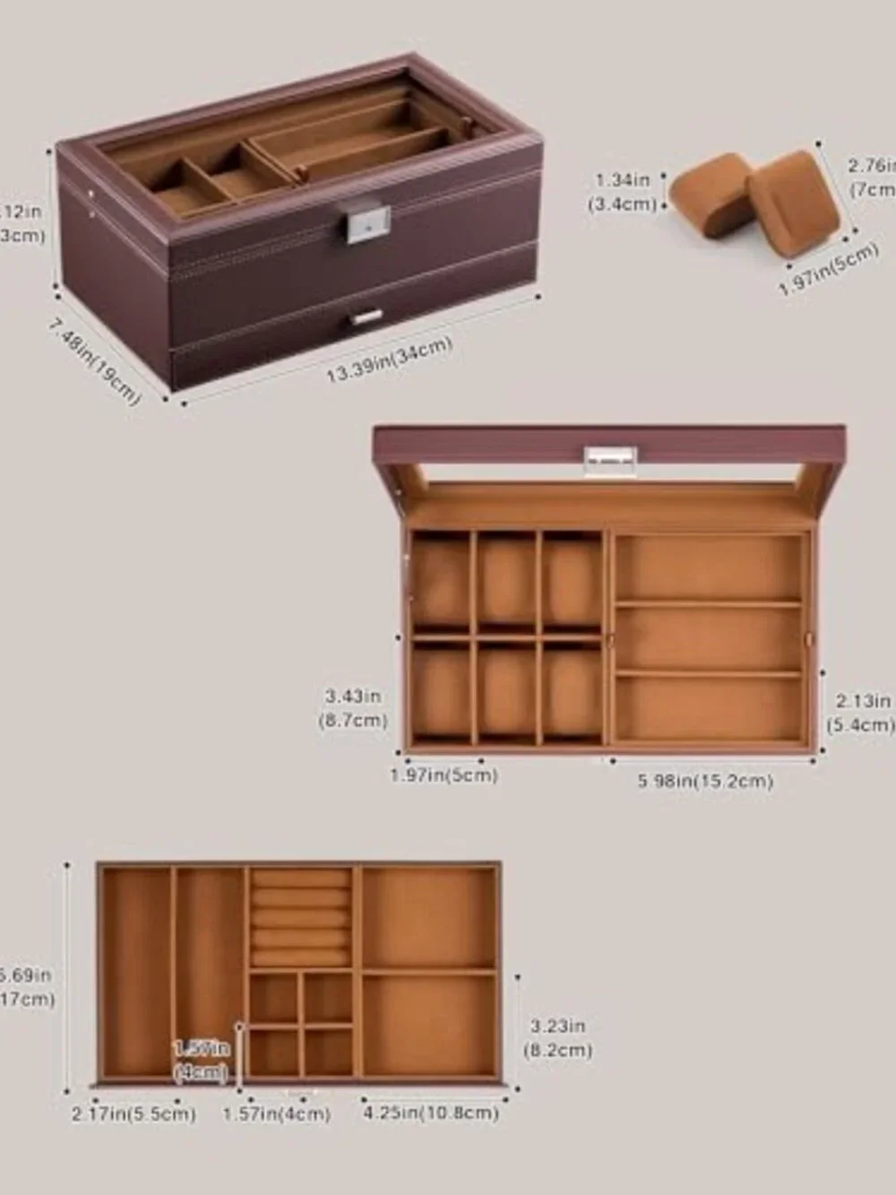 Stylish Men's Jewelry Box - 6 Slot Watch Organizer & 3 Slot Sunglass Holder